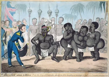 Puzzled which to Choose!! Or the King of Tombuctoo offering one of his daughters in marriage to Capt.___. Anticipated result of an African Mission, published in 1821 by G. Humphrey, 1818